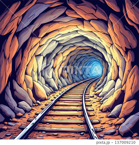 Mining cart rails going into a mountain tunnel 137009210