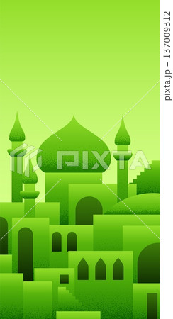 Arabic city panorama in pistachio green color for chocolate packaging Arabic city panorama in pistachio green color for chocolate packaging 137009312