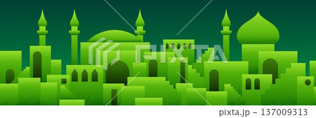 Arabic city panorama in pistachio green color with mosque silhouettes 137009313