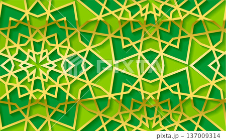 Green and gold islamic geometric star pattern background with 3d layered arabesque shapes 137009314