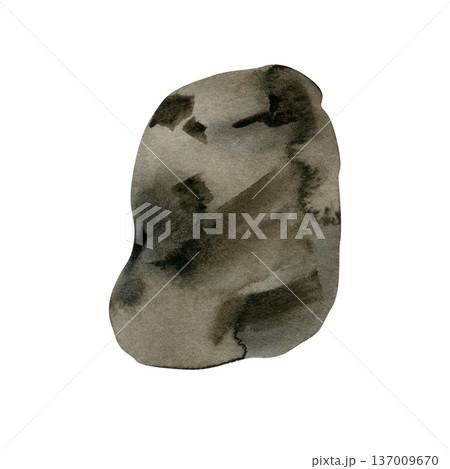 Hand-painted watercolor illustration of a natural grey stone or pebble. Featuring realistic dark textures and organic shapes, this elemental piece is perfect for landscape, garden, and nature-themed 137009670