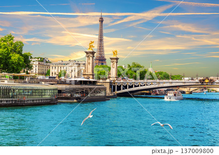 Alexandre III Bridge with Eiffel Tower and Boats on the Seine River, Paris, France 137009800