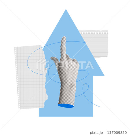 Trendy halftone collage. Hand pointing up on blue arrow background. Finger pointing upward with torn notebook sheets. Vector pop art growth, success and rising stats. Business development concept. 137009820
