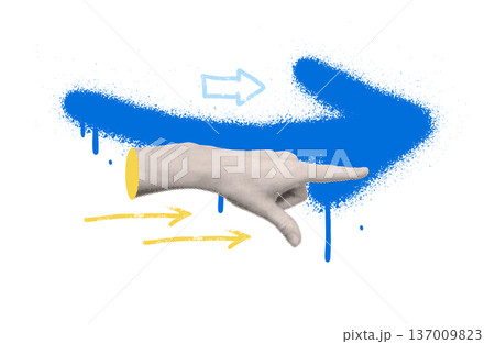 Trendy Retro Collage with paper halftone Hand pointing finger and urban graffiti forward arrow. Business success and startup development. Social media marketing, promotion. Indicate direction. Vector 137009823