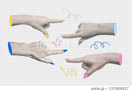 Trendy y2k halftone collage. Set of hands pointing fingers left and right with colorful nails and doodles. Vector pop art illustration on grid paper background. Choice, direction and variety concept. 137009827
