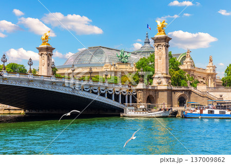 The Grand Palace and Alexandre III Bridge over river Seine in Paris France The Grand Palace and Alexandre III Bridge over river Seine in Paris France 137009862
