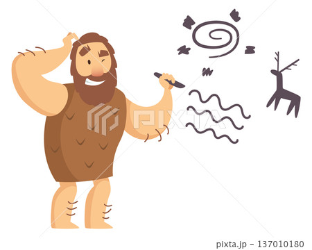 Prehistoric paintings creator draw on cave wall. Cartoon character 137010180