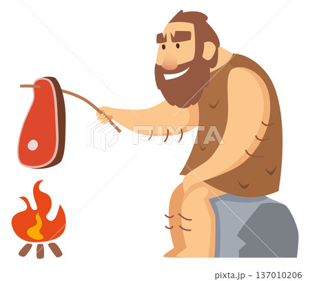 Caveman fry meat on bonfire. Prehistoric food preparation Caveman fry meat on bonfire. Prehistoric food preparation 137010206