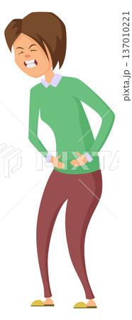 Sick woman with abdominal pain. Painful illness icon Sick woman with abdominal pain. Painful illness icon 137010221