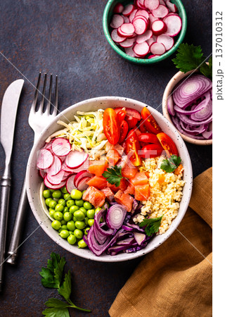 Balanced healthy bowl with vegetables and salmon Balanced healthy bowl with vegetables and salmon 137010312