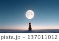 A serene scene featuring a silhouette of a dog gazing at the full moon against a tranquil sky. The atmosphere is peaceful, evoking feelings of calm and reflection in nature. 137011012