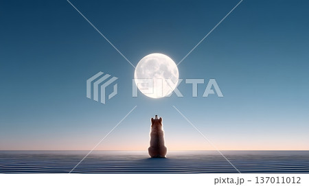 A serene scene featuring a silhouette of a dog gazing at the full moon against a tranquil sky. The atmosphere is peaceful, evoking feelings of calm and reflection in nature. 137011012