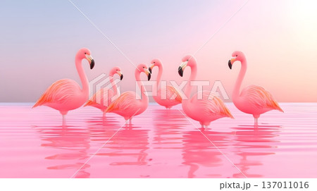A serene scene of six pink flamingos standing gracefully in calm waters during a peaceful sunrise. Their vibrant colors reflect beautifully against the tranquil backdrop. 137011016