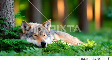 A serene wolf resting peacefully in a lush green forest, surrounded by tall trees and vibrant foliage, capturing the beauty of nature and wildlife in a tranquil environment. 137011021