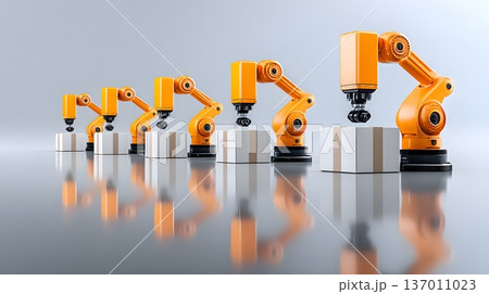 A series of robotic arms engaged in precision tasks in an automated industrial setting, showcasing advanced technology and efficiency in modern manufacturing processes. 137011023