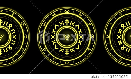 A set of intricate yellow symbols on a dark background, representing mystic runes. These elements evoke mystery and are perfect for designs and themes related to fantasy or magic. 137011025
