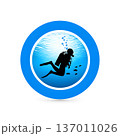 A silhouette of a diver against a vibrant blue underwater background, creating a captivating scene of exploration and adventure beneath the ocean surface with fish swimming nearby. 137011026