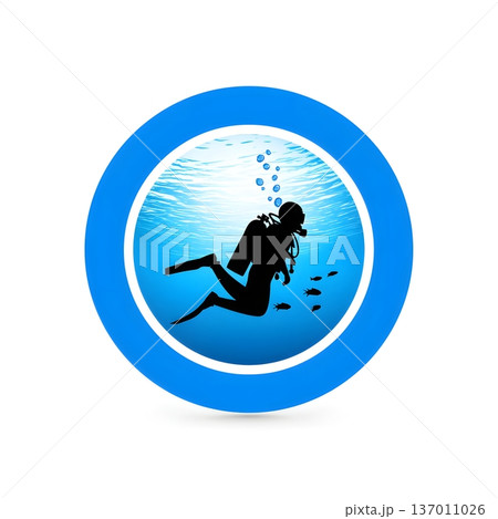 A silhouette of a diver against a vibrant blue underwater background, creating a captivating scene of exploration and adventure beneath the ocean surface with fish swimming nearby. 137011026