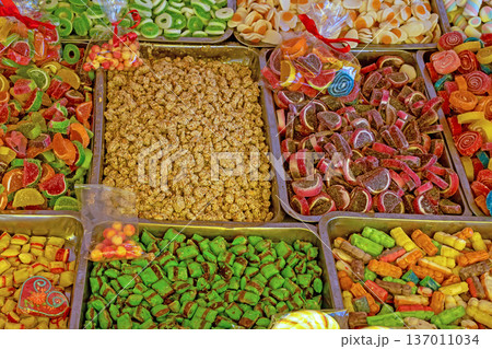 Colorful foam and jelly candy on festive market Colorful foam and jelly candy on festive market 137011034