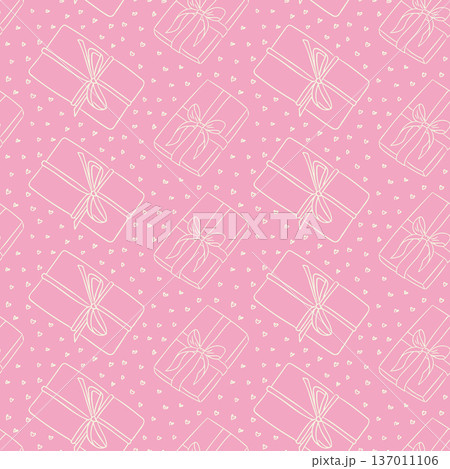 Seamless pattern with gift box and heart on pink background in outline style vector hand drawn. Romantic wrapping paper design expressing love celebration and valentine concept 137011106