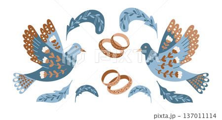 Folk wedding composition with blue bird and golden ring in decorative style vector hand drawn illustration isolated on light background. Romantic ornament design expressing love union and marriage 137011114