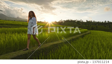 People enjoy Bali nature. Woman walking narrow path on vibrant green rice paddies at sunset with tropical landscape and distant mountains, embodying tranquility and sustainable travel in Indonesia People enjoy Bali nature. Woman walking narrow path on vibrant green rice paddies at sunset with tropical landscape and distant mountains, embodying tranquility and sustainable travel in Indonesia 137011214