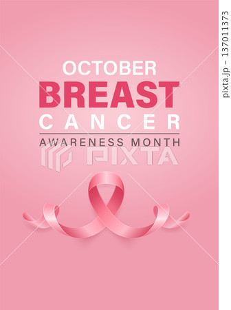 Vector Breast Cancer Awareness Vertical Pink Poster. October Pink Ribbon Illustration. Breast Cancer Awareness Month Banner with Silk Realistic Pink Ribbon. Health Campaign Background 137011373