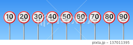 Vector Speed Limit Road Signs Set 10 20 30 40 50 60 70 80 90. Traffic Regulation Symbol Collection. Circular Red Border Signposts for Street and Highway Safety, Isolated on Blue Sky Background Vector Speed Limit Road Signs Set 10 20 30 40 50 60 70 80 90. Traffic Regulation Symbol Collection. Circular Red Border Signposts for Street and Highway Safety, Isolated on Blue Sky Background 137011395