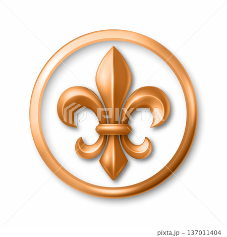 Vector 3d Golden Fleur De Lis Symbol in Round Frame, Isolated. Elegant Royal Emblem. Classic French Heraldic Icon. Luxury Fleur De Lis Sign. Logo Design, Badge, Noble Decoration, Vintage Ornament 137011404