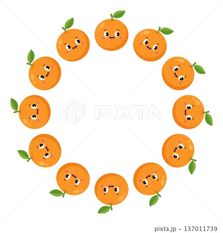 Orange fruit round frame border with kawaii faces cute cartoon vector illustration Orange fruit round frame border with kawaii faces cute cartoon vector illustration 137011739