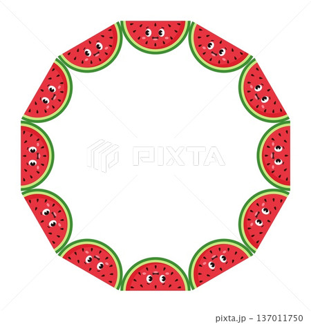 Round watermelon slice frame with cute cartoon characters for summer design 137011750