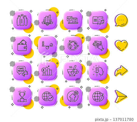5g upload, Water bottles and Wallet line icons. App 3d buttons. Social media comment, share, like icons. Pack of Balance, Online survey, Teamwork chart icon. Vector 137011780