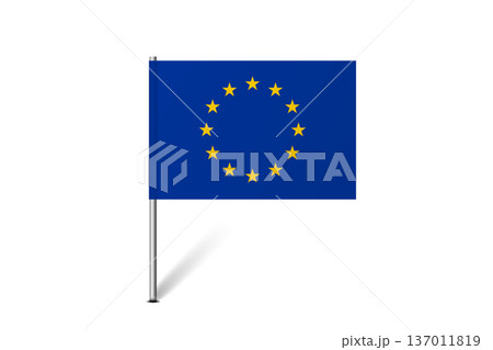 The European Union flag is displayed prominently. The blue background features a circle of stars. This symbol represents unity across European nations and reflects their values. 137011819