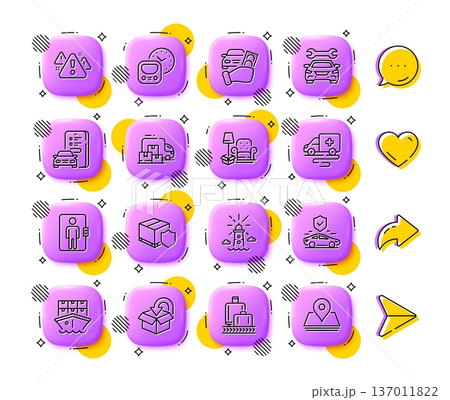 Car, Ambulance transport and Packing things line icons. App 3d buttons. Social media comment, share, like icons. Pack of Delivery truck, Lighthouse, Warning icon. Vector Car, Ambulance transport and Packing things line icons. App 3d buttons. Social media comment, share, like icons. Pack of Delivery truck, Lighthouse, Warning icon. Vector 137011822