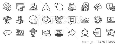 Loyalty program, Video conference and Info line icons pack. Share, Message, Paper plane icons. Yoga, Builder warning, Messenger web icon. Vector Loyalty program, Video conference and Info line icons pack. Share, Message, Paper plane icons. Yoga, Builder warning, Messenger web icon. Vector 137011855