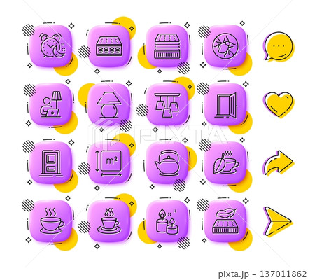 Aroma candle, Alarm and Tea cup line icons. App 3d buttons. Social media comment, share, like icons. Pack of Entrance, Cappuccino, Teapot icon. Mattress, Deluxe mattress, Table lamp pictogram. Vector Aroma candle, Alarm and Tea cup line icons. App 3d buttons. Social media comment, share, like icons. Pack of Entrance, Cappuccino, Teapot icon. Mattress, Deluxe mattress, Table lamp pictogram. Vector 137011862