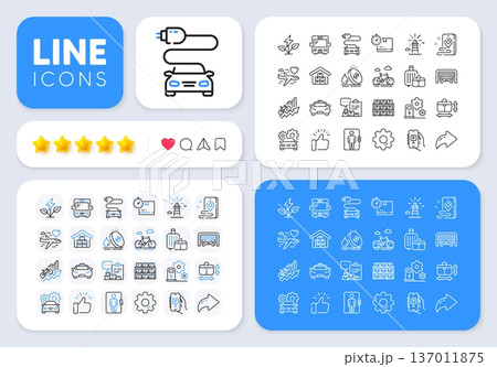 Car service, Elevator and Cardboard box line icons for web app. Message, Share, Like social media icons. Pack of Bike, Lighthouse, Eco power pictogram icons. Taxi, Boxes shelf, Baggage signs. Vector Car service, Elevator and Cardboard box line icons for web app. Message, Share, Like social media icons. Pack of Bike, Lighthouse, Eco power pictogram icons. Taxi, Boxes shelf, Baggage signs. Vector 137011875