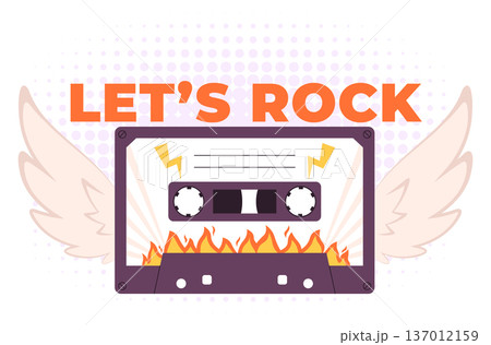 Lets rock badge. Music tape. Retro audio cassette 137012159