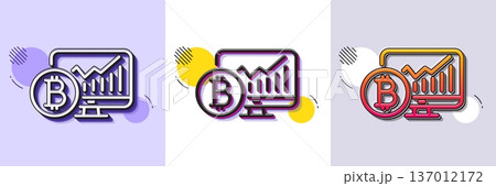 Bitcoin graph line icon. Halftone dotted pattern. Gradient icon with grain shadow. Cryptocurrency analytics sign. Crypto money statistics symbol. Line bitcoin chart icon. Various designs. Vector 137012172