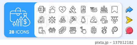 Hold smartphone, Salary and Bell line icons. Interest rate, AI generate, Inflation icons. Pack of Hotdog, Phishing, Report icon. Fingerprint, Pin, Business podium pictogram. Vector 137012182