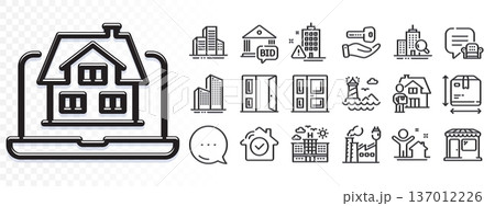 House security, Building warning and Hotel line icons for web app. Glare of light effect. Message icon. Pack of Skyscraper buildings, Bid offer, Open door pictogram icons. Vector 137012226