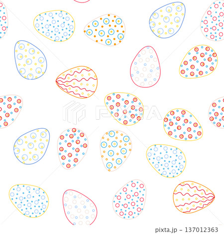 Seamless pattern with Easter eggs, outline design. A vibrant seamless background for Easter designs, featuring cute patterned eggs with polka dots Seamless pattern with Easter eggs, outline design. A vibrant seamless background for Easter designs, featuring cute patterned eggs with polka dots 137012363