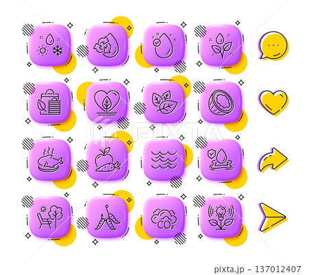 Deckchair, Apple carrot and Co2 line icons. App 3d buttons. Social media comment, share, like icons. Pack of Bio shopping, Organic tested, Weather icon. Waves, Recycle water, Coconut pictogram. Vector 137012407