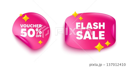 Coupon sticker tag. Flash offer paper price banner. Voucher 50 percent off sale. Special offer coupon sign. Black friday discount symbol. Discount sticker with 3d glitter. Vector 137012410
