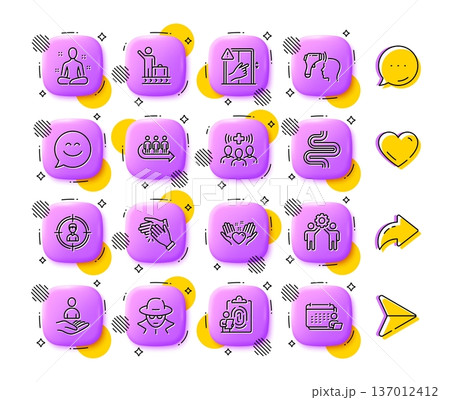 Luggage belt, Electronic thermometer and Yoga line icons. App 3d buttons. Social media comment, share, like icons. Pack of Fraud, Dont touch, Intestine icon. Vector Luggage belt, Electronic thermometer and Yoga line icons. App 3d buttons. Social media comment, share, like icons. Pack of Fraud, Dont touch, Intestine icon. Vector 137012412