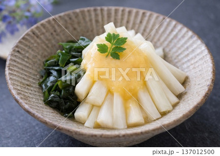 黒い背景の食卓でギザギザの縁の和食器に盛り付けられたうどとワカメの酢味噌和え 137012500