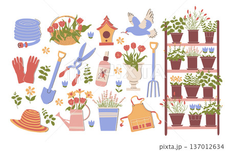 Gardening Tools and Plants Vector Set. Flat Design 137012634