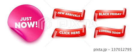 Just now sticker, offer ribbons. Black friday, coming soon. Just now tag. Special offer sign. Sale promotion symbol. Pink sticker tag. Flag ribbon banners. Vector Just now sticker, offer ribbons. Black friday, coming soon. Just now tag. Special offer sign. Sale promotion symbol. Pink sticker tag. Flag ribbon banners. Vector 137012795