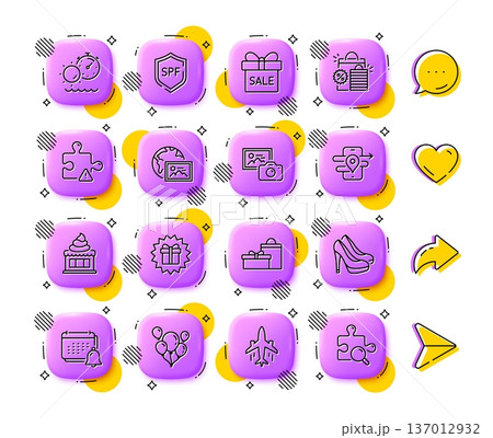 Sale offer, Surprise gift and Tanning time line icons. App 3d buttons. Social media comment, share, like icons. Pack of Plane, Spf protection, Web photo icon. Vector Sale offer, Surprise gift and Tanning time line icons. App 3d buttons. Social media comment, share, like icons. Pack of Plane, Spf protection, Web photo icon. Vector 137012932