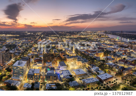 Savannah, Georgia. Urban landscape of old historical city. USA cityscape at sunset Savannah, Georgia. Urban landscape of old historical city. USA cityscape at sunset 137012987